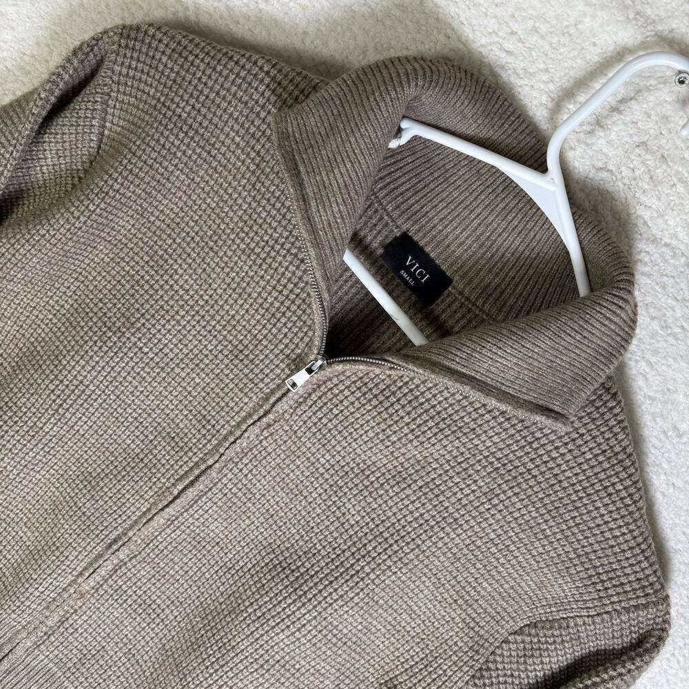 VICI Sweater Womens Small Beige Full Zip Mock Neck Grid Knit Wool Blend